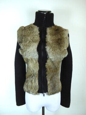 NORTHLAND black fur zip cardigan sweater jacket M MADE IN ITALY